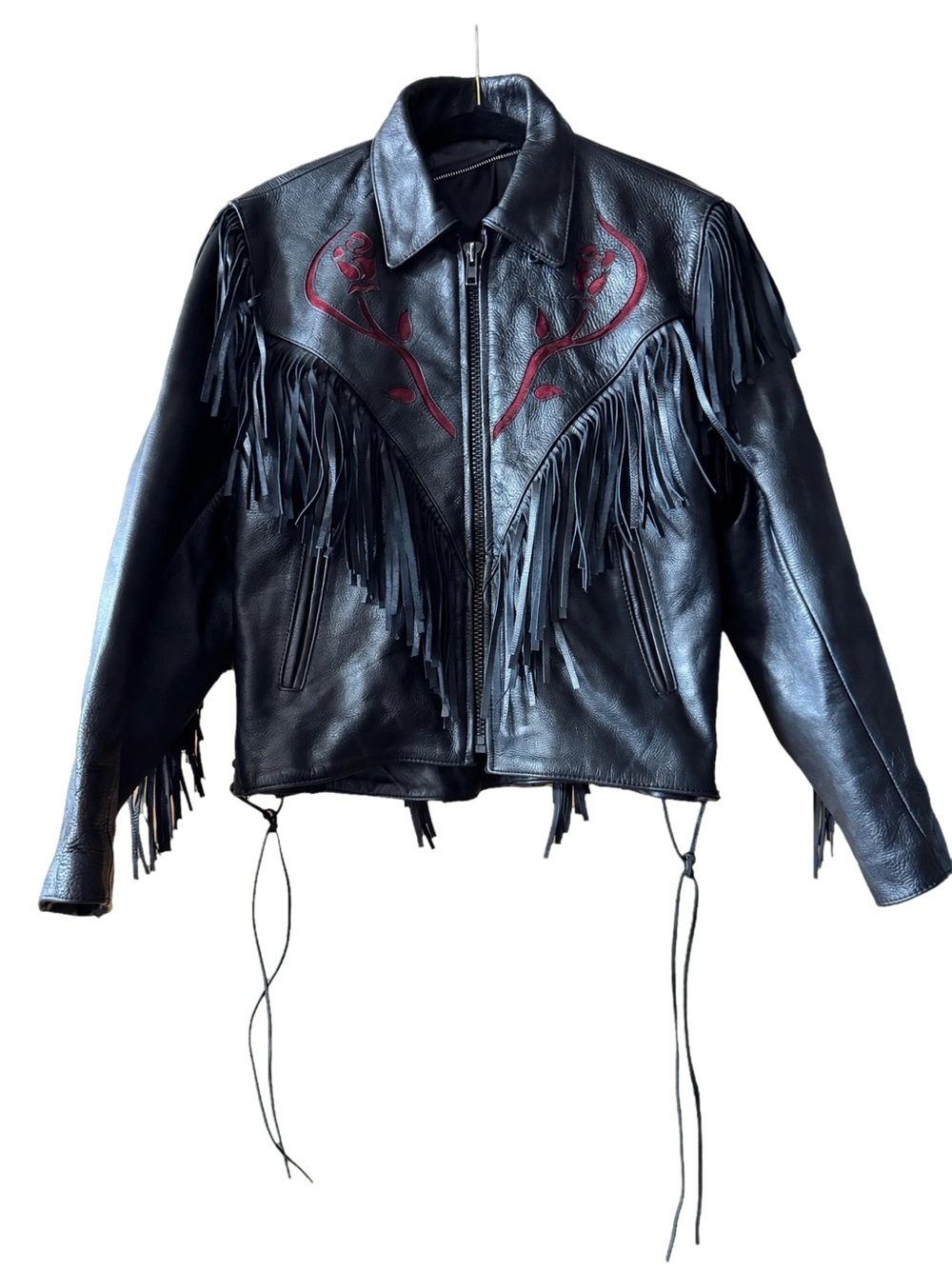 NEW 1980’s Black Real Leather Fringe Biker Jacket Red Rose Detail Women’s L/XL